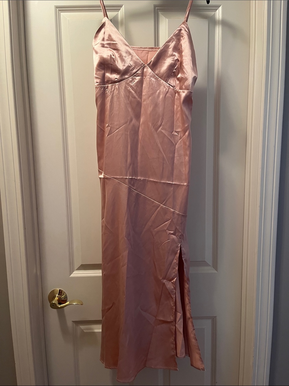 Blush Pink Satin Maxi Slip Dress with Side Slit